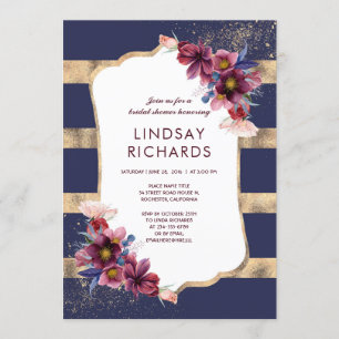 Navy Burgundy and Gold Floral Bridal Shower Invitation