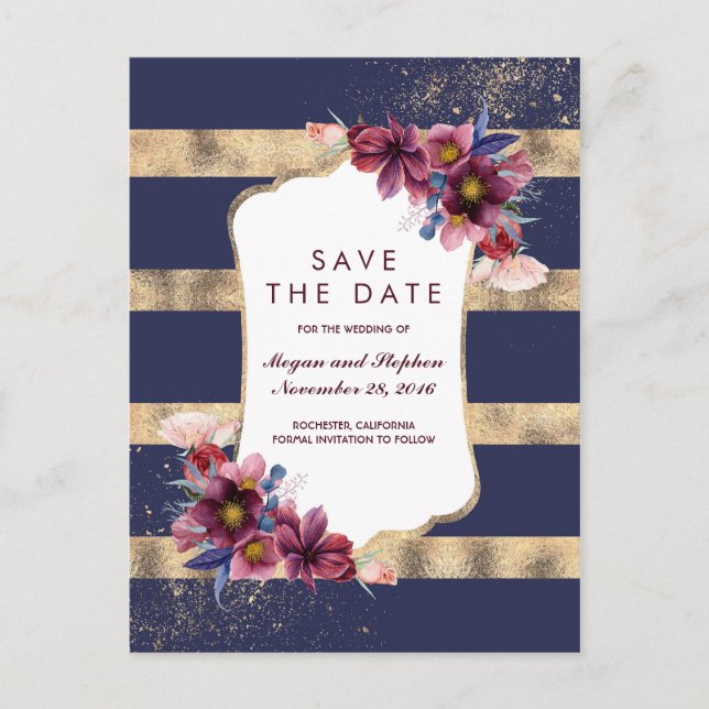 Navy Burgundy and Gold Floral Save the Date Announcement Postcard (Front)