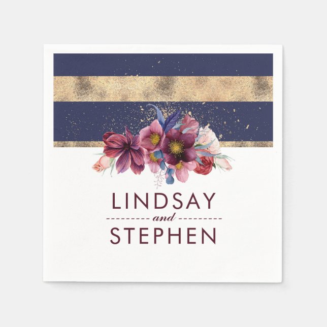 Navy Burgundy and Gold Floral Stripes Wedding Napkin (Front)