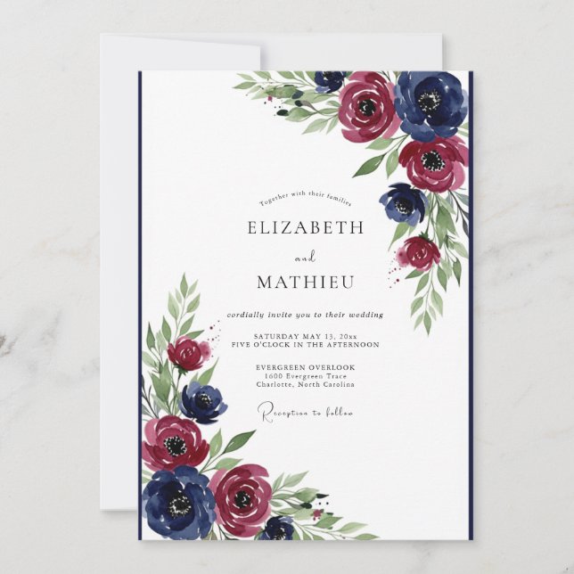 Navy Burgundy Artistic Bloom Wedding Invitation (Front)