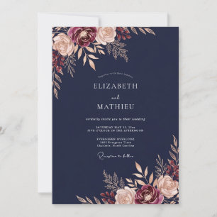 Navy Burgundy Bloom Romance Wedding Invitation