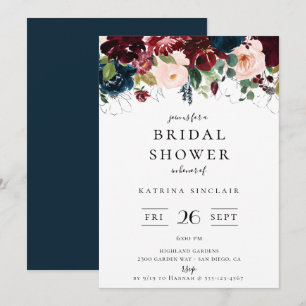 Navy Burgundy Blush Fall Floral Bridal Shower Invitation