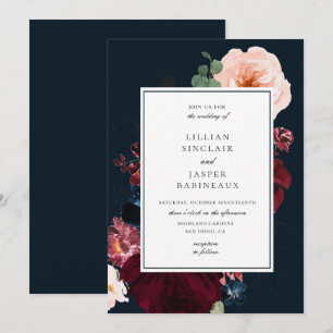 Navy Burgundy Blush Fall Floral Wedding Invitation