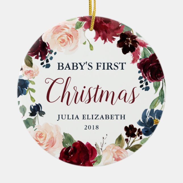 Navy Burgundy Blush Floral Baby's First Christmas Ceramic Tree Decoration (Front)