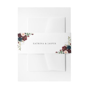 Navy Burgundy Blush Floral Fall Wedding Invitation Belly Band