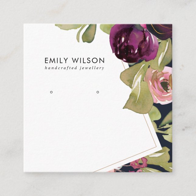 NAVY BURGUNDY BLUSH FLORAL STUD EARRING DISPLAY SQUARE BUSINESS CARD (Front)