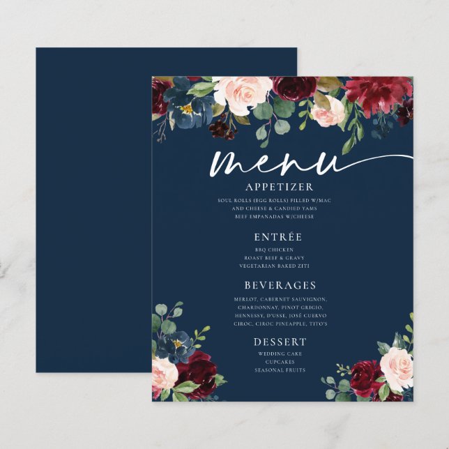 Navy Burgundy Blush Floral Wedding Flat Menu (Front/Back)