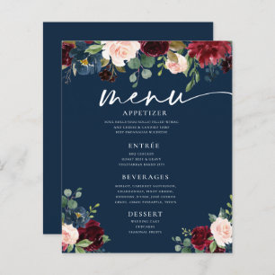 Navy Burgundy Blush Floral Wedding Flat Menu