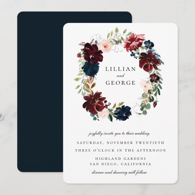Navy Burgundy Blush Floral Wreath Wedding Invitation (Front/Back)