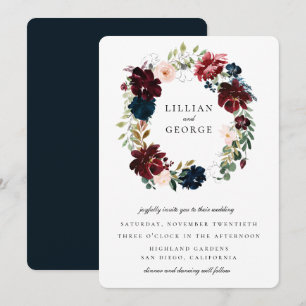 Navy Burgundy Blush Floral Wreath Wedding Invitation