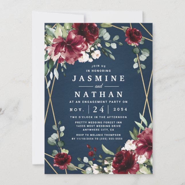 Navy Burgundy Blush Gold Floral Engagement Party Invitation (Front)