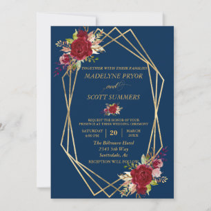 Navy Burgundy Blush Gold Frame Gold Wedding Modern Invitation