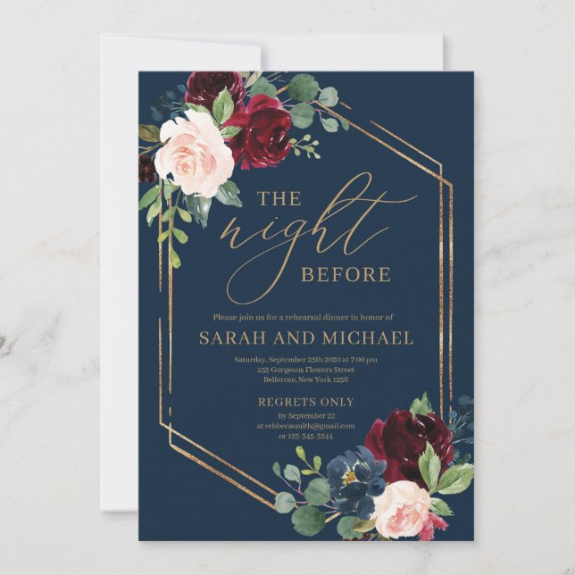 Navy burgundy blush pink floral wedding rehearsal invitation (Front)
