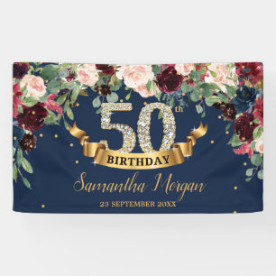 Navy burgundy blush pink foral boho 50th birthday banner
