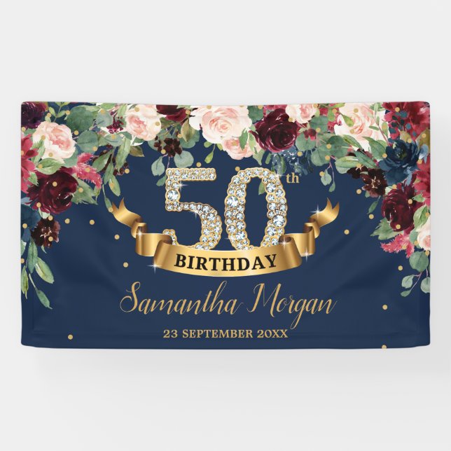 Navy burgundy blush pink foral boho 50th birthday banner (Horizontal)