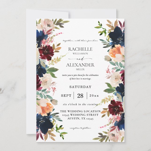 Navy, Burgundy, Blush Pink & Peach Floral Wedding Invitation (Front)