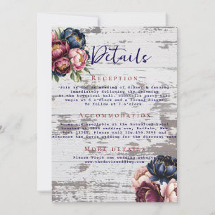 Navy Burgundy Blush Pink Peony Wedding Details Invitation