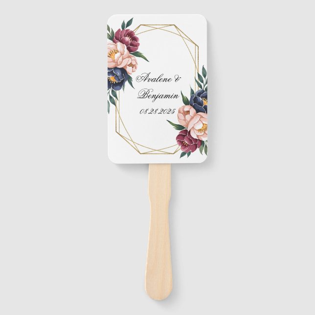 Navy Burgundy Blush Pink Peony Wedding Hand Fan (Front)