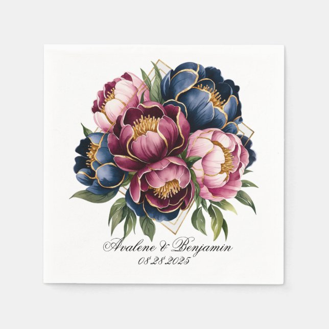 Navy Burgundy Blush Pink Peony Wedding Napkin (Front)