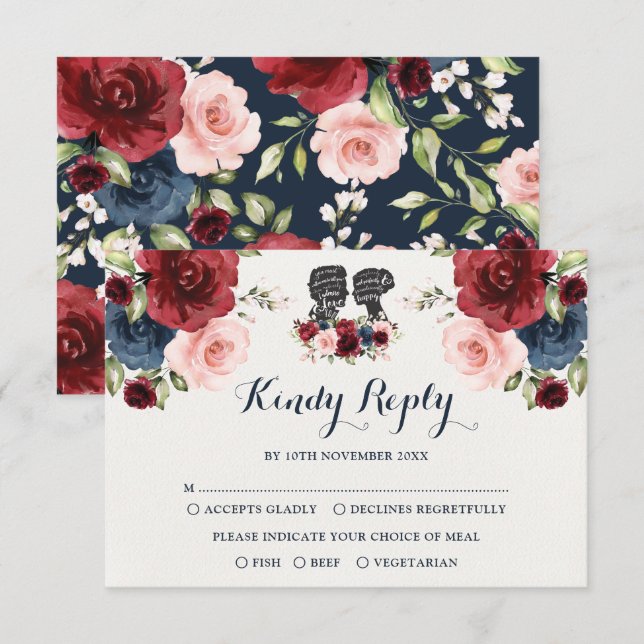 Navy Burgundy Blush Watercolor Flower Wedding RSVP Card (Front/Back)