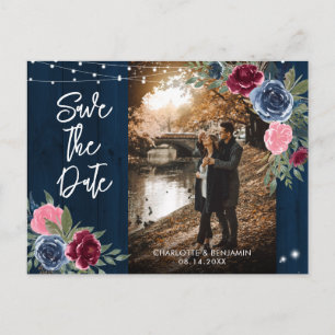 Navy Burgundy Blush Wedding Photo Save The Date Postcard