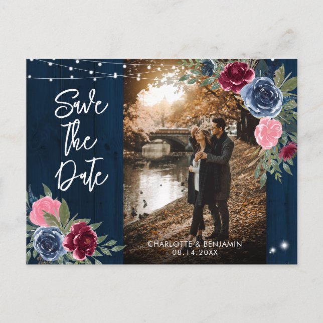 Navy Burgundy Blush Wedding Photo Save The Date Postcard (Front)
