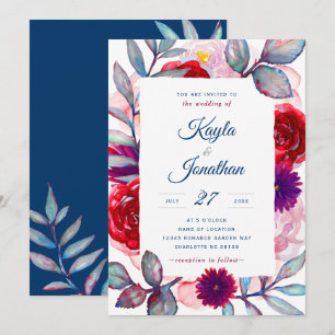 Navy Burgundy Blush Wedding Watercolor Floral Invitation