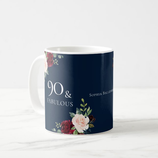 Navy Burgundy Blush Woman 90th Birthday Party Gift Coffee Mug (Front Left)