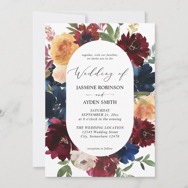 Navy, Burgundy, BlushPink & Peach Floral 2 Wedding Invitation (Front)