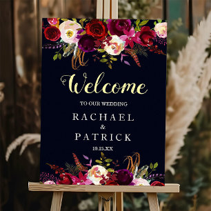 Navy Burgundy Boho Floral Welcome Wedding Sign