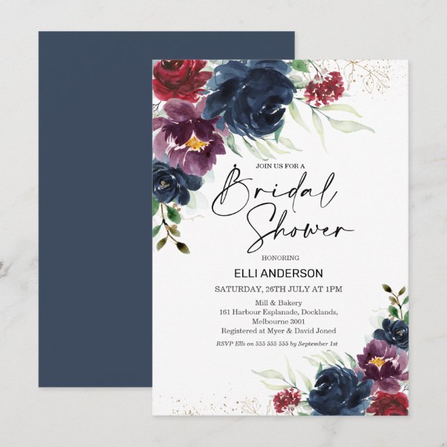 Navy Burgundy Bold Floral Bridal Shower Invitation (Front/Back)