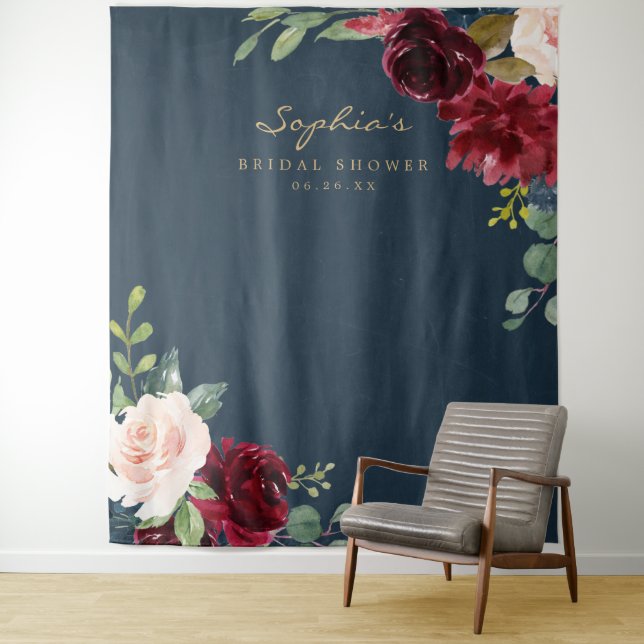 Navy Burgundy Bridal Shower Decor Backdrop Tapestry (In Situ)