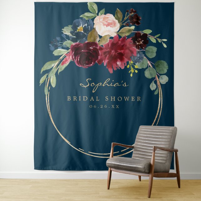 Navy Burgundy Bridal Shower Decor Backdrop Tapestry (In Situ)