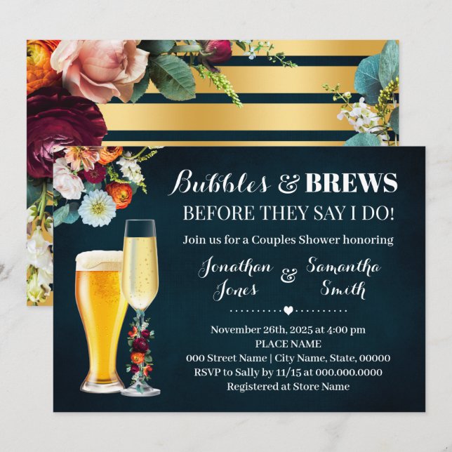 Navy Burgundy Bubbles and Brews Wedding Shower Invitation (Front/Back)