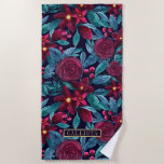 Navy Burgundy Christmas Floral Watercolor Monogram Beach Towel<br><div class="desc">This elegant and modern Christmas holiday pattern is perfect for the festive vibe. It features hand-painted berry burgundy, yellow, and teal green watercolor flowers, holly berries, and leaves on top of a navy blue background. It's chic, pretty, artistic, and unique; the perfect design for your family and friends. Stylise with...</div>