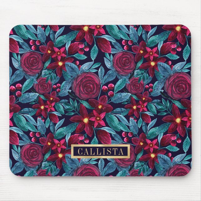 Navy Burgundy Christmas Floral Watercolor Monogram Mouse Mat (Front)