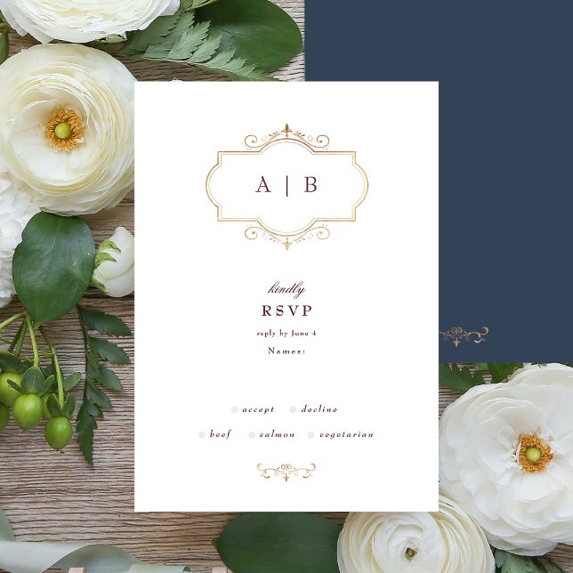 navy burgundy classic traditional gold monogram RSVP card (Creator Uploaded)