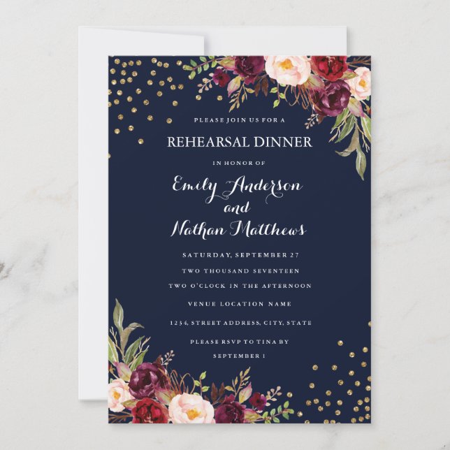 Navy Burgundy Confetti Floral Rehearsal Dinner Invitation (Front)