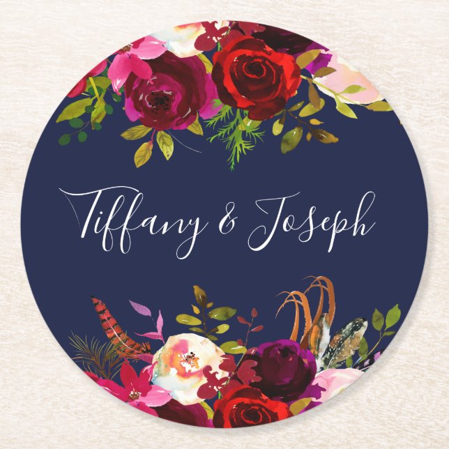 Navy Burgundy Elegant Floral Spring Garden Wedding Round Paper Coaster (Front)
