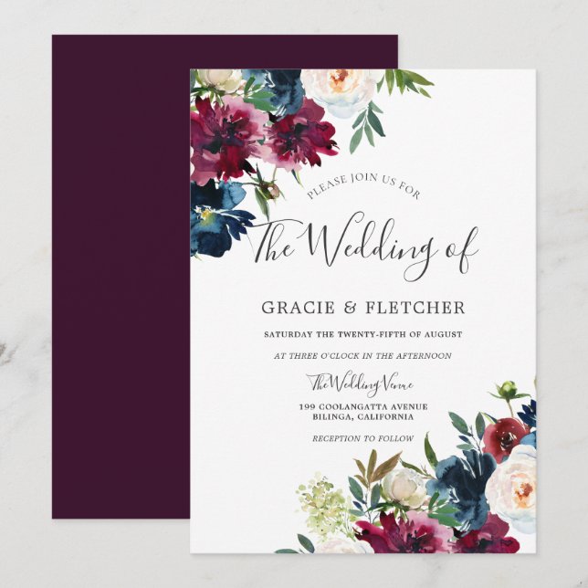 Navy & Burgundy Elegant Floral Watercolor Wedding Invitation (Front/Back)