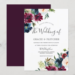 Navy & Burgundy Elegant Floral Watercolor Wedding Invitation