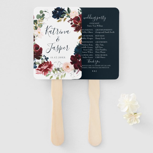 Navy Burgundy Fall Floral Wreath Wedding Hand Fan (Front and Back)
