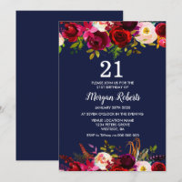Navy Burgundy Floral 21st Birthday Party Invite
