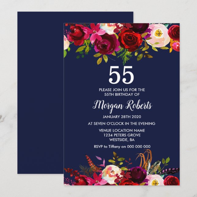 Navy Burgundy Floral 55TH Birthday Party Invite (Front/Back)