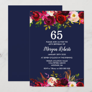 Navy Burgundy Floral 65TH Birthday Party Invite