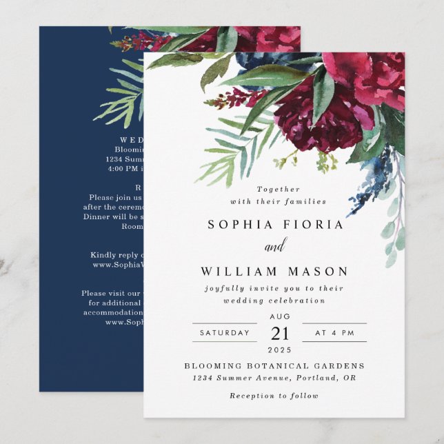 Navy Burgundy Floral All In One Wedding Invitation (Front/Back)