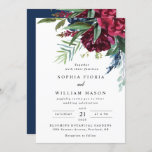 Navy Burgundy Floral All In One Wedding Invitation<br><div class="desc">This elegant navy and burgundy floral all-in-one wedding invitation is perfect for a spring or summer wedding. This all-in-one invitation is a trending, eco-friendly option that includes the RSVP information and additional details on the back of the card to save paper and trees. Simply include your wedding website on the...</div>