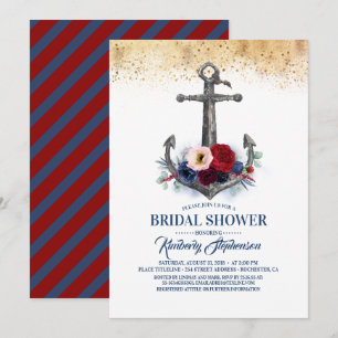 Navy Burgundy Floral Anchor Nautical Bridal Shower Invitation
