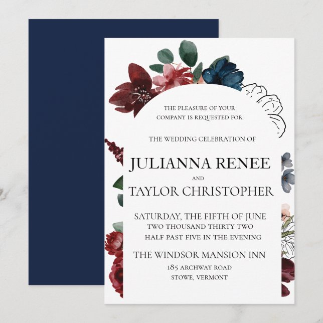 Navy & Burgundy Floral Arch Wedding Invitation (Front/Back)