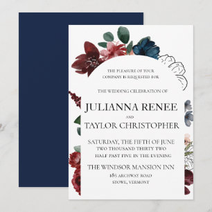 Navy & Burgundy Floral Arch Wedding Invitation